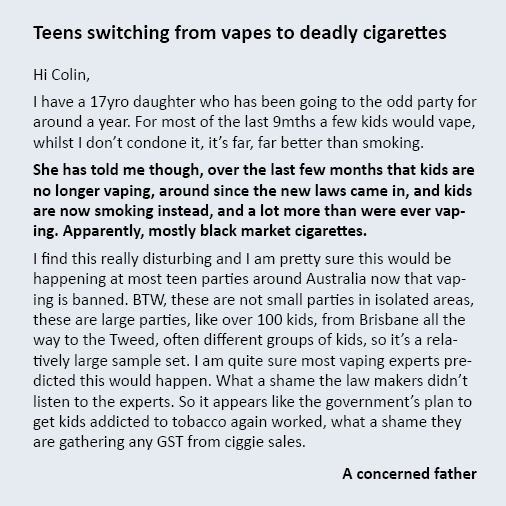Dr Colin Mendelsohn (@colinmendelsohn) on Twitter photo .<a href="/Mark_Butler_MP/">Mark Butler MP</a>'s world-leading crackdown on #vaping is not only causing adult vapers to relapse to smoking, but is also increasing youth smoking. Without the safer alternative easily available, kids are smoking instead
Read this tragic note sent to me from a concerned dad⤵️ .<a href="/Mark_Butler_MP/">Mark Butler MP</a>'s world-leading crackdown on #vaping is not only causing adult vapers to relapse to smoking, but is also increasing youth smoking. Without the safer alternative easily available, kids are smoking instead
Read this tragic note sent to me from a concerned dad⤵️