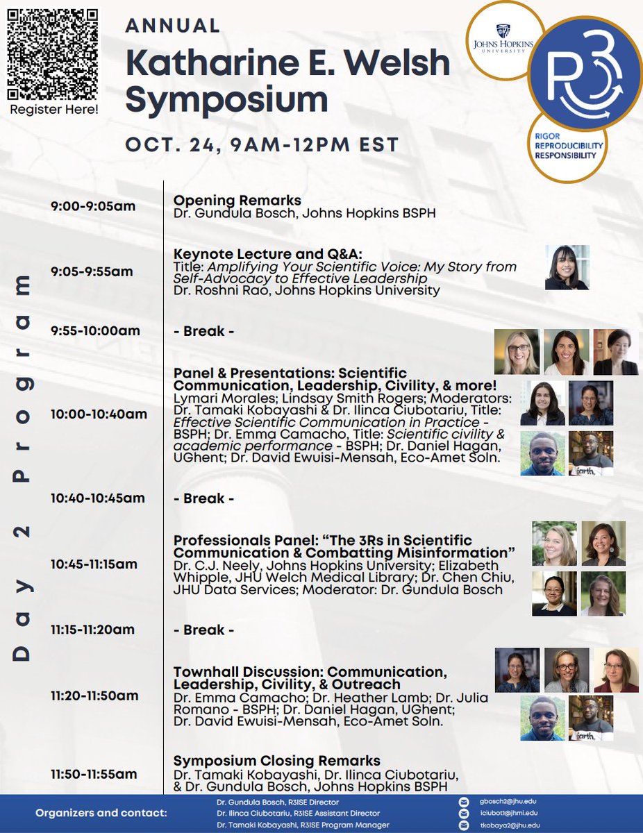 Day 2 program for our <a href="/R3_JHSPH/">BSPH R³ Center for Innovation in Science Education</a> K.E. Welsh Symposium, below! Register &amp; join us TOMORROW
<a href="/JohnsHopkinsMMI/">Molecular Microbiology and Immunology at JHSPH</a> to learn about scientific communication, leadership, outreach, &amp; more from our many invited experts at many different career stages! <a href="/JohnsHopkinsSPH/">Johns Hopkins Bloomberg School of Public Health</a> Keynote by <a href="/drroshnirao/">Roshni Rao</a>!