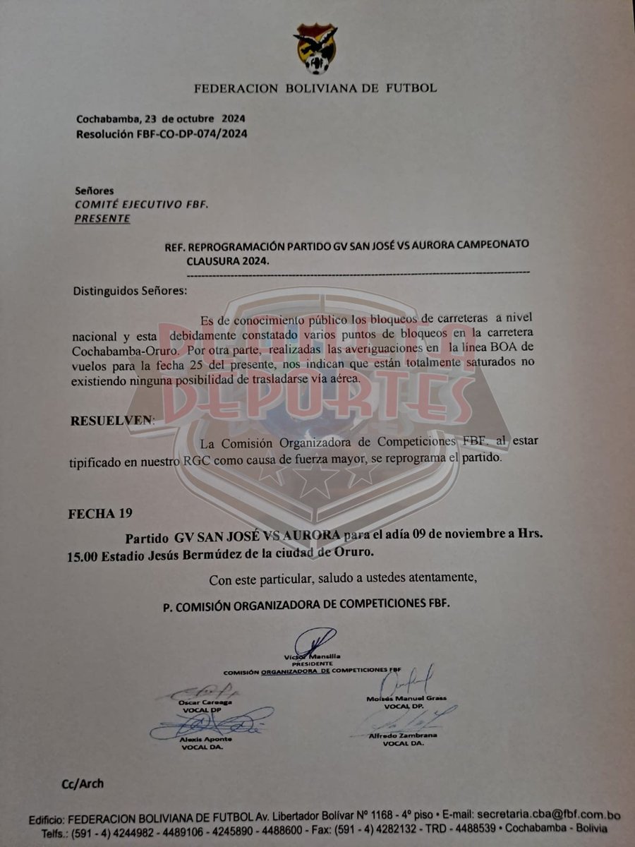OFICIAL!!!
DEBIDO A LOS CONFLICTOS SOCIALES SE POSTERGA EL PARTIDO ENTRE GV SAN JOSÉ QUE DEBÍA LLEVARSE A CABO ÉSTE VIERNES EN ORURO.
EL PARTIDO SE LO JUGARÁ EL SÁBADO 09 DE NOVIEMBRE A LAS 15:00 HRS EN EL JESÚS BERMÚDEZ.