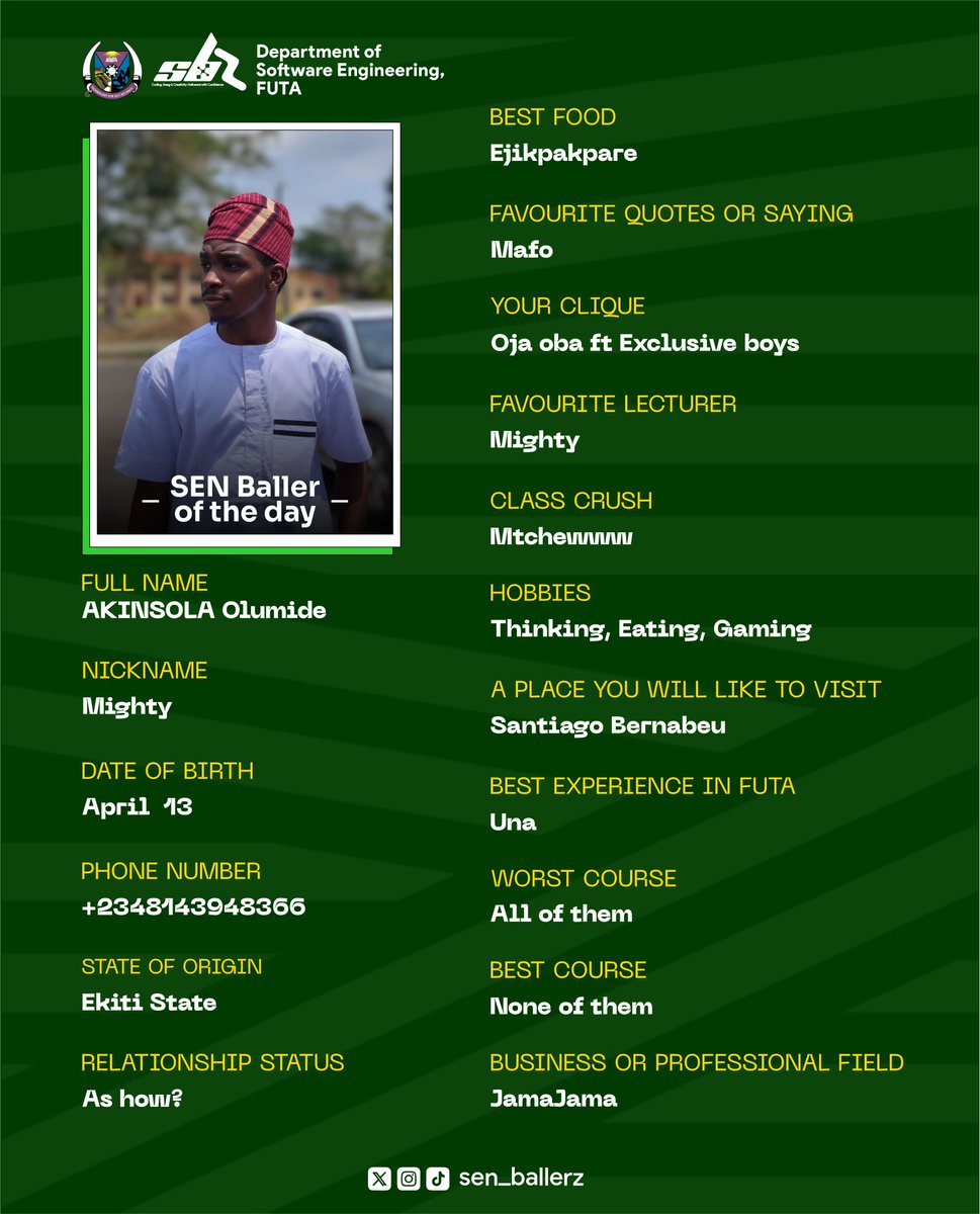 SEN_Ballerz's tweet photo. INTRODUCING OUR FYB OF THE DAY✨

He is a smart and eloquent person, one of the finest guys in the department, and a fantastic SEN Ballerz teamate.

 He is an epitome of good vibes and great energy.

🥁 Let's give it up for:

AKINSOLA OLUMIDE [Mighty] https://t.co/Q8nsRVvuNW
