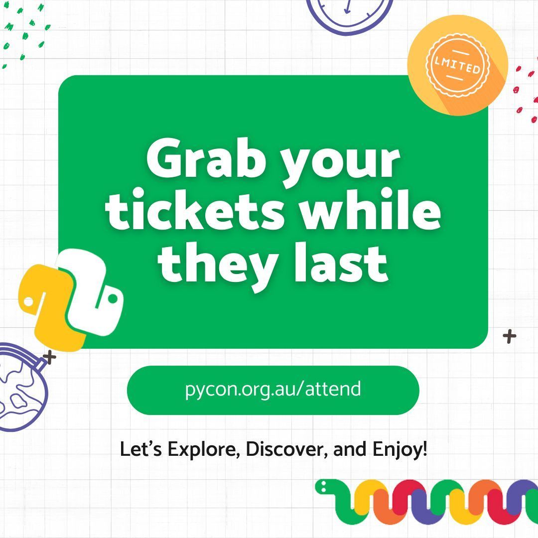 PyConAU's tweet image. We offer ticket options to suit your interests, whether it&apos;s the main conference, specialist tracks, or Sprints. There&apos;s something for everyone. 🎉 

And best of all, every ticket include access a good time! 🤪

2024.pycon.org.au/attend/ 

#PyConAU #PyConAU2024 #Python