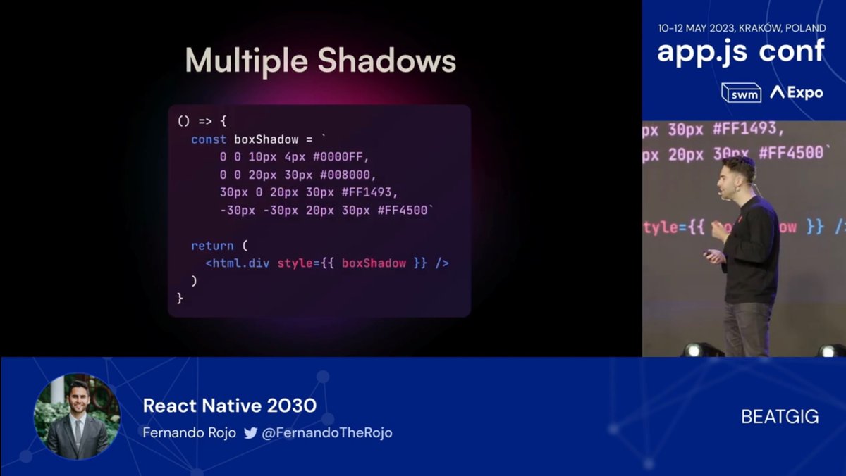 FernandoTheRojo's tweet image. 2 feature requests from React Native 2030 just dropped:
boxShadow & CSS filters
iOS is still missing blur() and saturation() filters for now