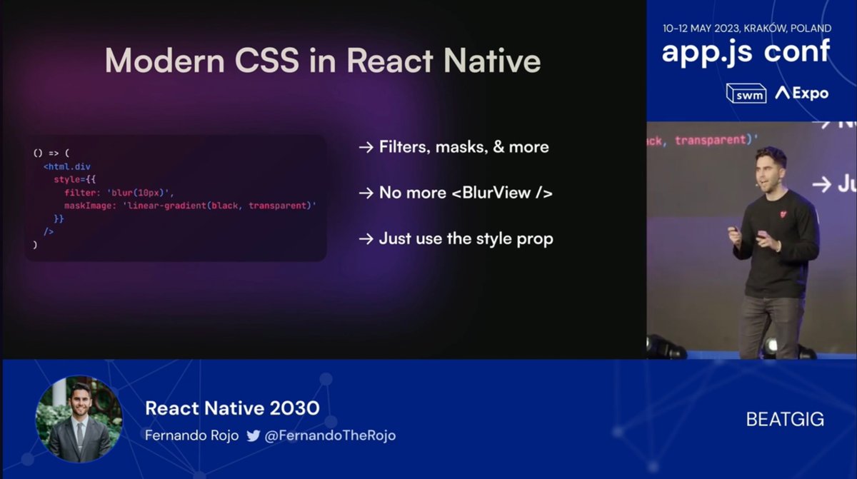 FernandoTheRojo's tweet image. 2 feature requests from React Native 2030 just dropped:
boxShadow & CSS filters
iOS is still missing blur() and saturation() filters for now