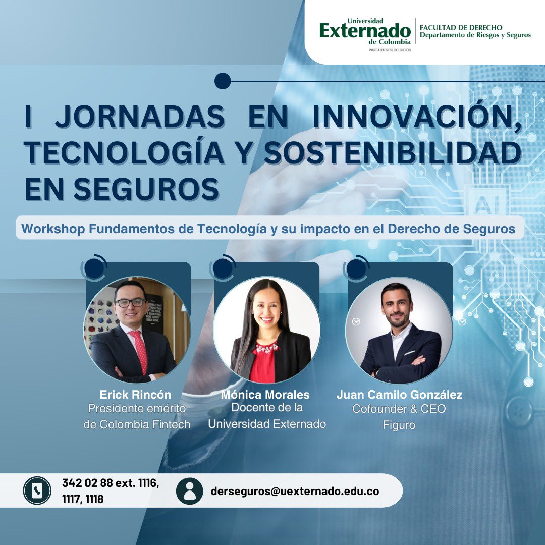 Programa I Jornadas en Innovación, Tecnología y Sostenibilidad en Seguros. 

🗓️Fecha del evento: 21 y 22 de noviembre de 8am - 5 pm
🔗Para mayor información e inscripciones 👉🏻 uexternado.edu.co/micrositio/dep…

🚨¡Te esperamos!
