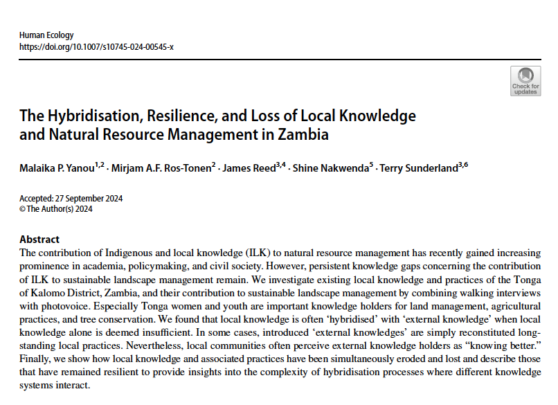 Terry Sunderland (@tchsunderland) on Twitter photo Just out: New paper on Indigenous local knowledge (ILK) in Zambia published today in Human Ecology led by @UvA PhD student Malaika Yanou. Produced as part of the <a href="/Colandscaped/">Coland</a> initiative w/ <a href="/CIFOR_ICRAF/">CIFOR-ICRAF</a> &
<a href="/UBCForestry/">@forestry.ubc.ca on Bluesky</a>
Link to the paper here: link.springer.com/article/10.100… Just out: New paper on Indigenous local knowledge (ILK) in Zambia published today in Human Ecology led by @UvA PhD student Malaika Yanou. Produced as part of the <a href="/Colandscaped/">Coland</a> initiative w/ <a href="/CIFOR_ICRAF/">CIFOR-ICRAF</a> &
<a href="/UBCForestry/">@forestry.ubc.ca on Bluesky</a>
Link to the paper here: link.springer.com/article/10.100…
