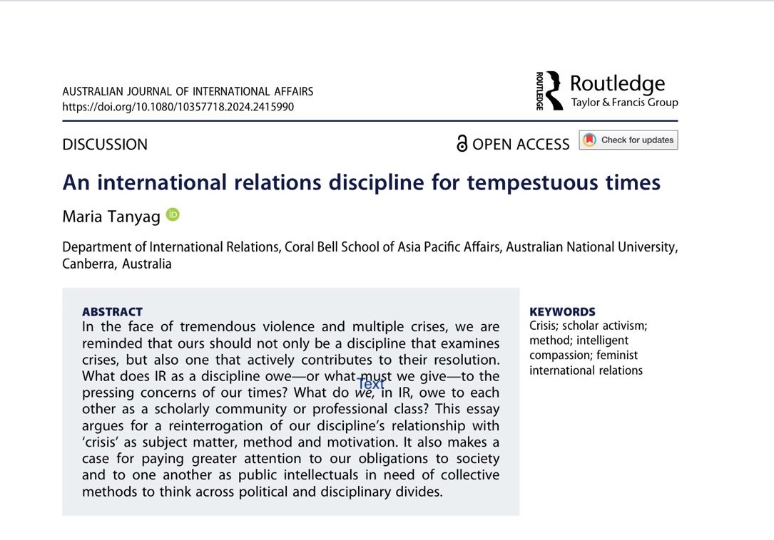 Australian Journal of International Affairs. (@austjia) on Twitter photo 🚨New online, & attracting A LOT of attention! By one of our valued academic board members <a href="/maria_tanyag/">Dr Maria Tanyag</a> . Forms part of an upcoming special section... stay tuned.👀 #openaccess
tinyurl.com/mwmt7tp5 🚨New online, & attracting A LOT of attention! By one of our valued academic board members <a href="/maria_tanyag/">Dr Maria Tanyag</a> . Forms part of an upcoming special section... stay tuned.👀 #openaccess
tinyurl.com/mwmt7tp5