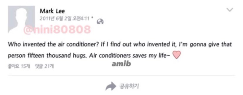 Mark curhat di Facebook 😆🤭
“Aku bosan akhir akhir ini, -.-hyungku nggk main sama aku” 

“Aku pengen tinggi tapi aku benci susu”

“I like singing in tge shower”
“PR menyiksaku”

“Aku nggk suka bangun jam 7 di hari sekolah, tpi pas hari libur aku otomatis bangun jam 7, apa cuma