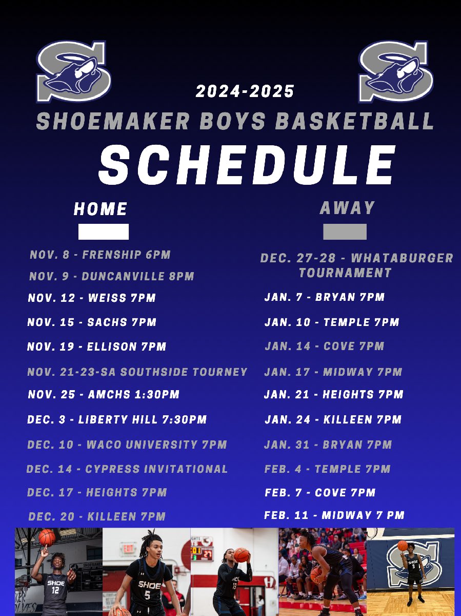 Killeen Shoemaker Boys Basketball (@shoetxbb) on Twitter photo This yearβs 2024-2025 season schedule of opponents is here!!! Come out and checkout the Shoemaker Grey Wolves. <a href="/AlamoCityHoops1/">Alamo City Hoops</a> <a href="/GASOTim/">Tim Littlefield</a> <a href="/Tabchoops/">ππΌπ½πΎππ</a> <a href="/GASOBlue/">Blue Zertuche π</a> <a href="/TexasHoopsGASO/">TexasHoops/GASO π</a> <a href="/TXHSBB/">Texas High School Basketball</a> #WE>ME This yearβs 2024-2025 season schedule of opponents is here!!! Come out and checkout the Shoemaker Grey Wolves. <a href="/AlamoCityHoops1/">Alamo City Hoops</a> <a href="/GASOTim/">Tim Littlefield</a> <a href="/Tabchoops/">ππΌπ½πΎππ</a> <a href="/GASOBlue/">Blue Zertuche π</a> <a href="/TexasHoopsGASO/">TexasHoops/GASO π</a> <a href="/TXHSBB/">Texas High School Basketball</a> #WE>ME