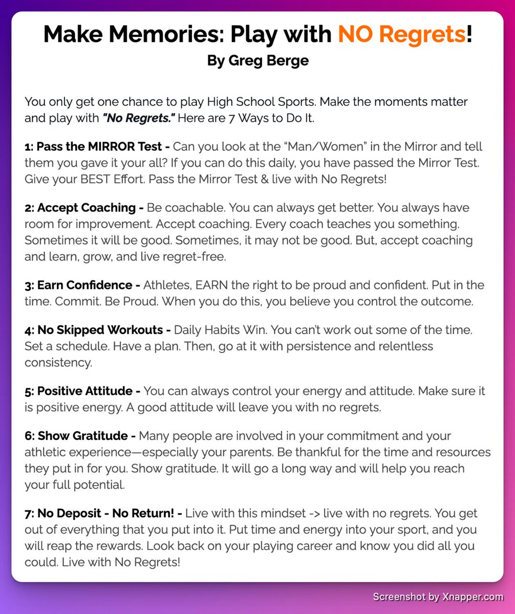 You only get one chance to play high school sports. 

One chance to leave it all on the field, the court, or the track. 

Don't look back with "what ifs." Make every moment matter. 

Here's your game plan: 
7 Powerful Ways to Play with No Regrets.

1: Pass the MIRROR Test - Can