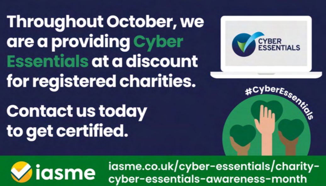 Intex_IT's tweet photo. Throughout October Intex IT is  offering registered charities a discount to #CyberEssentials as part of IASME’s Charity Cyber Essentials Awareness Month 2024.
Contact us to find out how to get certified 
#charity #charitywork #charityevent 
Visit us at https://t.co/ylZtZLXUc7 https://t.co/hBKl4lG3Mg