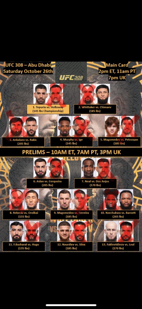MmaFazek's tweet photo. Alright fellas MASSIVE FIGHT WEEKEND. #UFC308 Get your espressos rolling, we are looking for a sweep!

Official Plays-
- Ibo Aslan (+100) 1u
- Shara Magomedov (-160) 1u
- Khamzat Chimev (-260) 2us

Underdog- .5u
- Chris Barnett (+400)
- Ibo Aslan (+100)
- Aleksander Rakic (+280) https://t.co/zZlzuoZZ1q