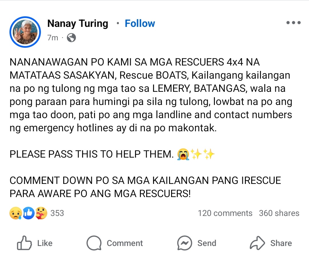 meonzueli's tweet photo. ‼️ BATANGAS NEEDS HELP ‼️ 

Please need na po nila ng rescuers 🥹🙏🏼

#KristinePh 
#KristinePH https://t.co/m5oVFYerfm
