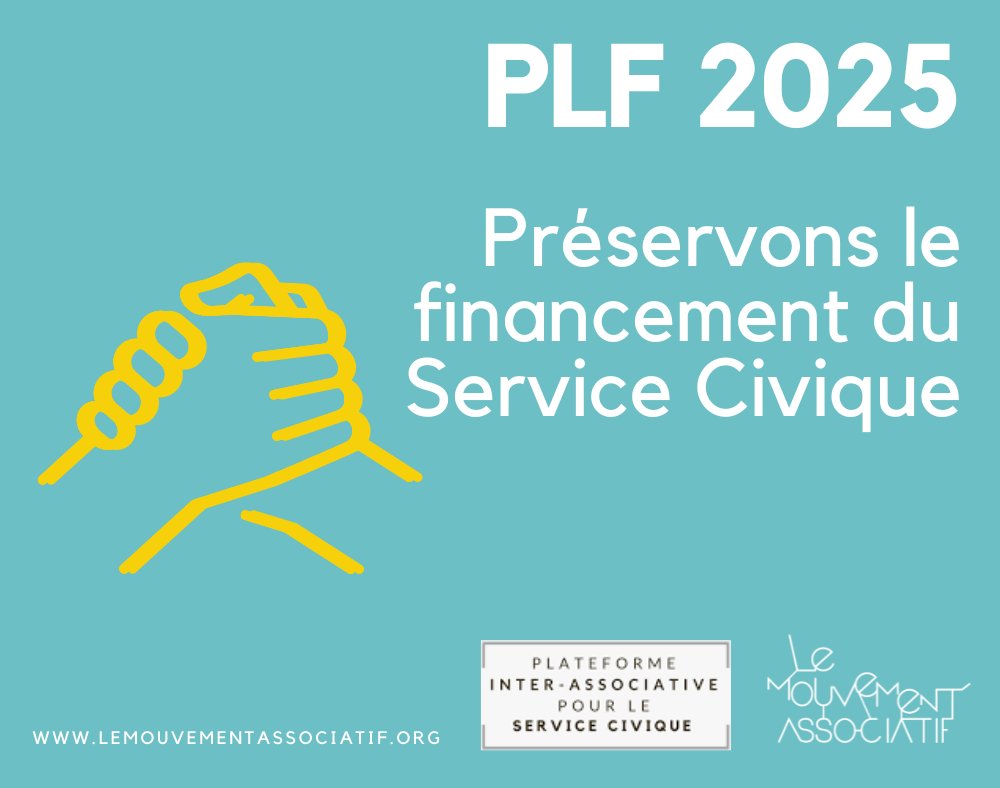 Le Mouvement associatif (@lemouvementasso) on Twitter photo ⚠️ #PLF2025
Les #associations appellent le gouvernement à #préserver le budget du #ServiceCivique afin de permettre à 1️⃣5️⃣0️⃣0️⃣0️⃣0️⃣ jeunes de continuer à s'engager
🤝 « Investir dans le #ServiceCivique, c’est investir dans l’avenir de notre jeunesse »
ℹ️ lemouvementassociatif.org/wp-content/upl… ⚠️ #PLF2025
Les #associations appellent le gouvernement à #préserver le budget du #ServiceCivique afin de permettre à 1️⃣5️⃣0️⃣0️⃣0️⃣0️⃣ jeunes de continuer à s'engager
🤝 « Investir dans le #ServiceCivique, c’est investir dans l’avenir de notre jeunesse »
ℹ️ lemouvementassociatif.org/wp-content/upl…