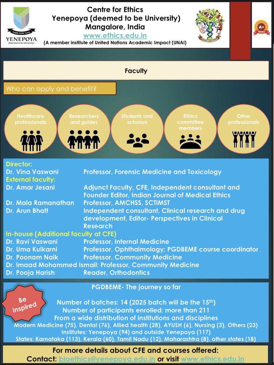 ***Admissions open***   
Postgraduate Diploma in Bioethics and Medical Ethics  
Postgraduate Diploma in Clinical Ethics  

For more information 
visit ethics.edu.in or email bioethics@yenepoya.edu.in