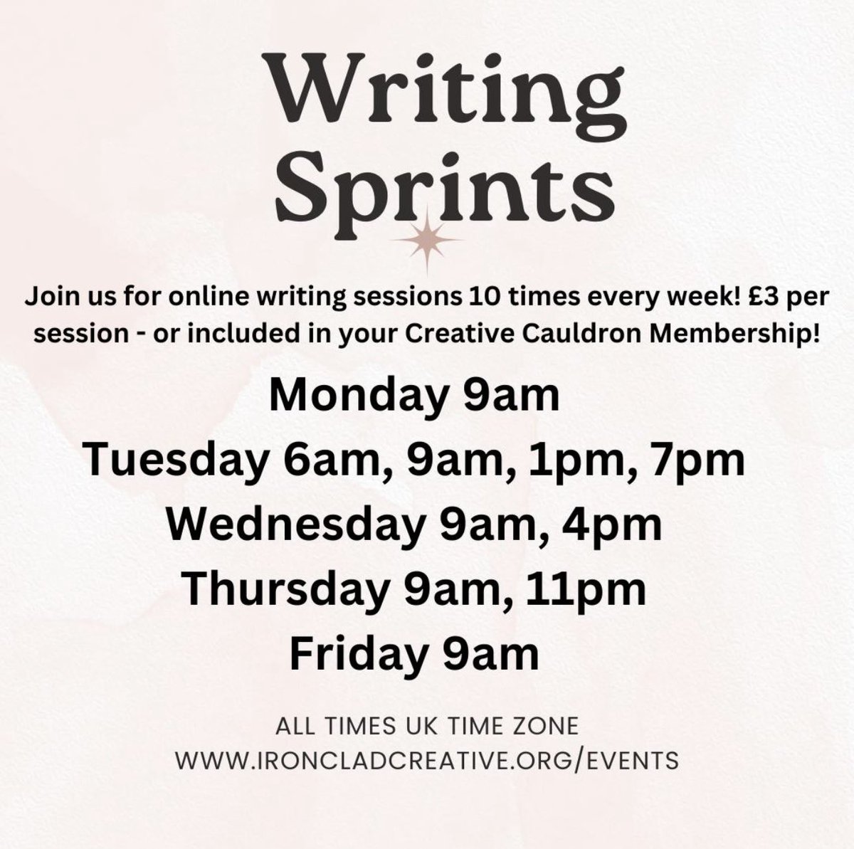 Ironclad Creative (@ironcladcreate) on Twitter photo Join the <a href="/ironcladcreate/">Ironclad Creative</a> online writing sprint at 9am UK time for a hour of writing with others - no feedback, no sharing: just a hour of writing with others. £3 plus free, or FREE if you’re a member of the Ironclad Creative Cauldron: eventbrite.com/o/30757103100 Join the <a href="/ironcladcreate/">Ironclad Creative</a> online writing sprint at 9am UK time for a hour of writing with others - no feedback, no sharing: just a hour of writing with others. £3 plus free, or FREE if you’re a member of the Ironclad Creative Cauldron: eventbrite.com/o/30757103100