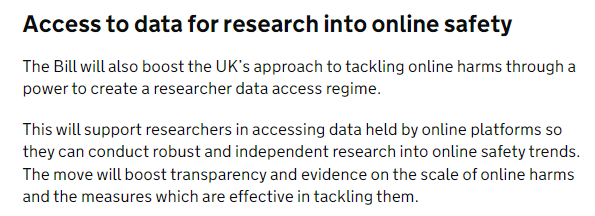 Welcome confirmation from the Govt that the new Data Bill will include measures for a scheme to deliver researcher access to data on #onlineharms -  a key piece of unfinished business from the #OnlineSafetyAct which will improve #socialmedia transparency and accountability. 1/2