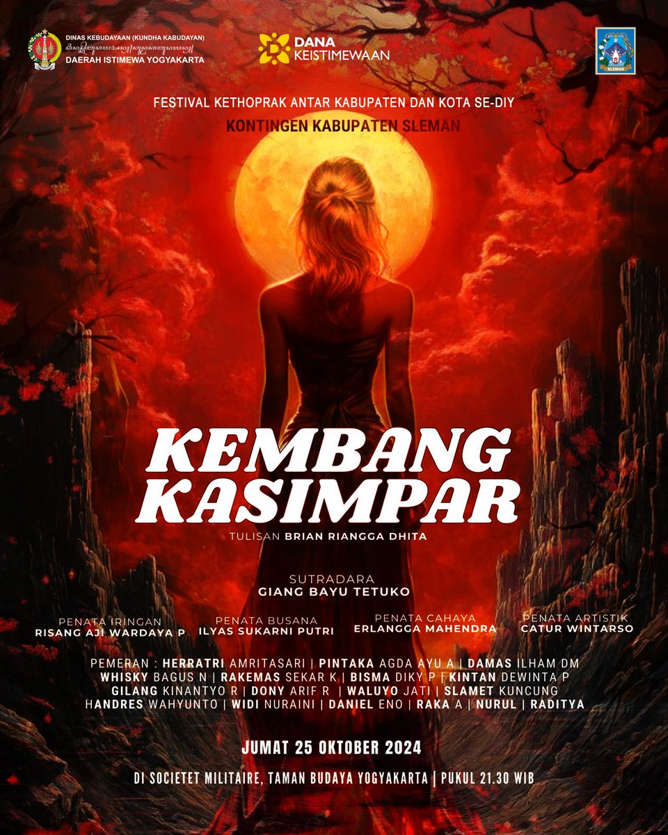 Kontingen Kabupaten Sleman  "Kembang Kasimpar", 
sebuah karya
Ditulis oleh Brian Riangga Dhita
Sutradara oleh Giang Bayu Tetuko.

📅 Jumat, 25/10/24
⏰ Pukul 21.30 WIB
📍 Di Societet Militaire, TBY
👇
instagram.com/p/DBfijvvzE3z/

#slemanberbudaya #kethoprak #kethopraksleman