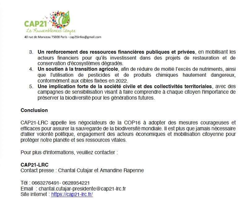 Amandine Rapenne (@amandinerapenne) on Twitter photo 🌿La #COP16 Biodiversité débute. Il est temps d'agir pour préserver notre biodiversité. 🌍
<a href="/Cap21_LRC/">Cap 21 - Le Rassemblement Citoyen</a> <a href="/CHANTALCUTAJAR/">CHANTAL CUTAJAR</a>
👉 Les enjeux de la COP16 et nos propositions : 🌿La #COP16 Biodiversité débute. Il est temps d'agir pour préserver notre biodiversité. 🌍
<a href="/Cap21_LRC/">Cap 21 - Le Rassemblement Citoyen</a> <a href="/CHANTALCUTAJAR/">CHANTAL CUTAJAR</a>
👉 Les enjeux de la COP16 et nos propositions :