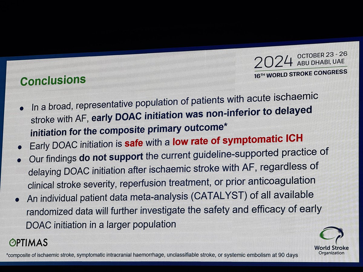 Starting DOAC within 4 days after stroke is NOT inferior to delayed initiation after 7 days. OPTIMAS trial published in Lancet this morning #WSC2024
