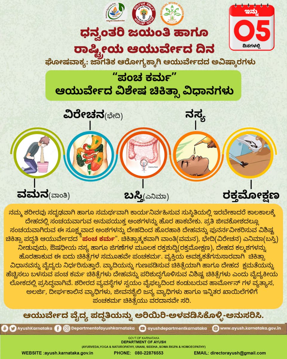 ಇನ್ನು 05 ದಿನಗಳಲ್ಲಿ...
ಧನ್ವಂತರಿ ಜಯಂತಿ ಹಾಗೂ ರಾಷ್ಟ್ರೀಯ ಆಯುರ್ವೇದ ದಿನ
.
“ಪಂಚ ಕರ್ಮ" ಆಯುರ್ವೇದ ವಿಶೇಷ ಚಿಕಿತ್ಸಾ ವಿಧಾನಗಳು
.
#ayushkarnataka #moayush #homeopathy #Healthcare #ayurveda #yoga #Ayush #ayurvedalifestyle #health #karnataka