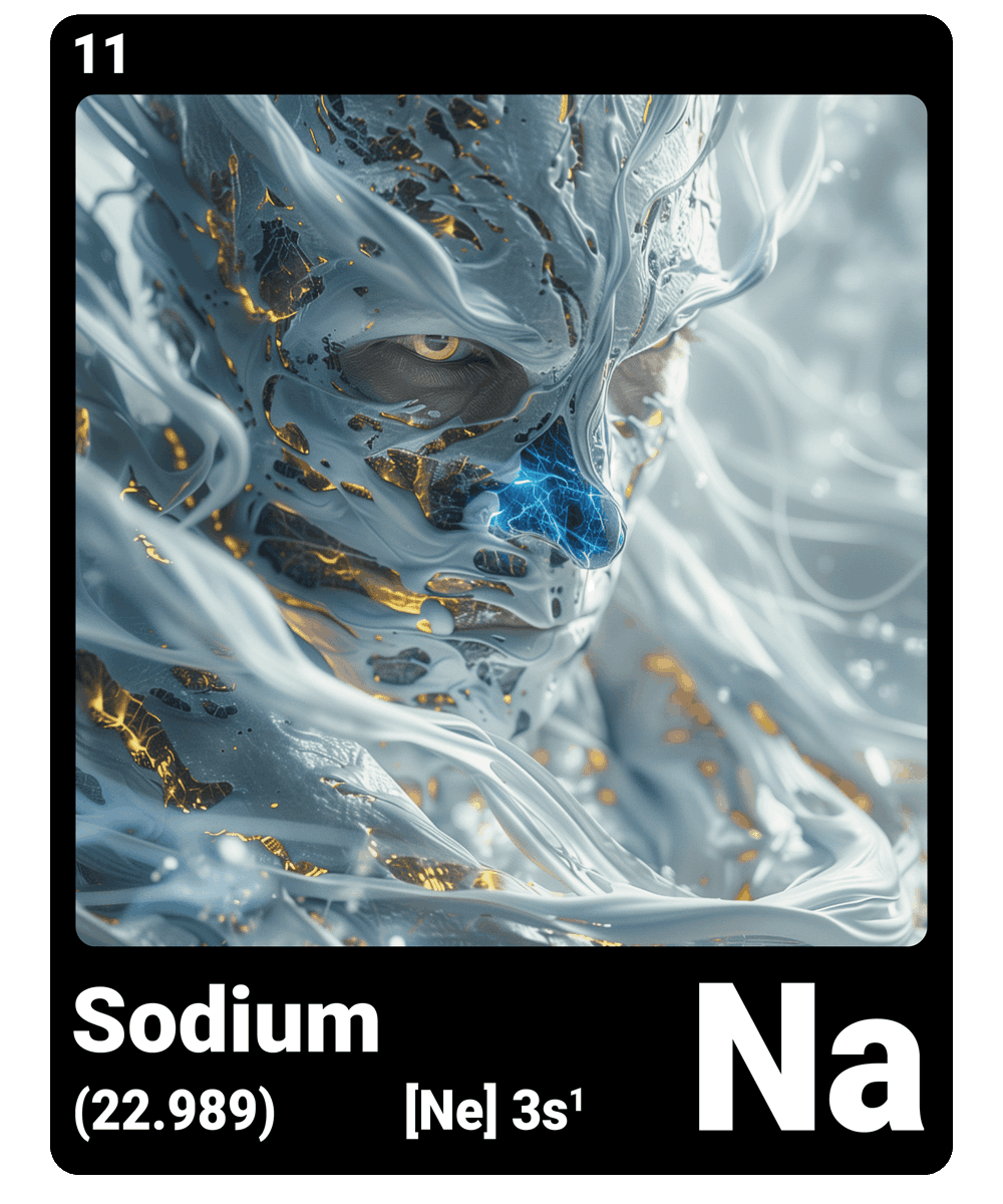 br_AI_king's tweet image. This is what it looks like when AI gives the chemical element #sodium a face - find all #ChemicalElement in the bio #ScienceArt