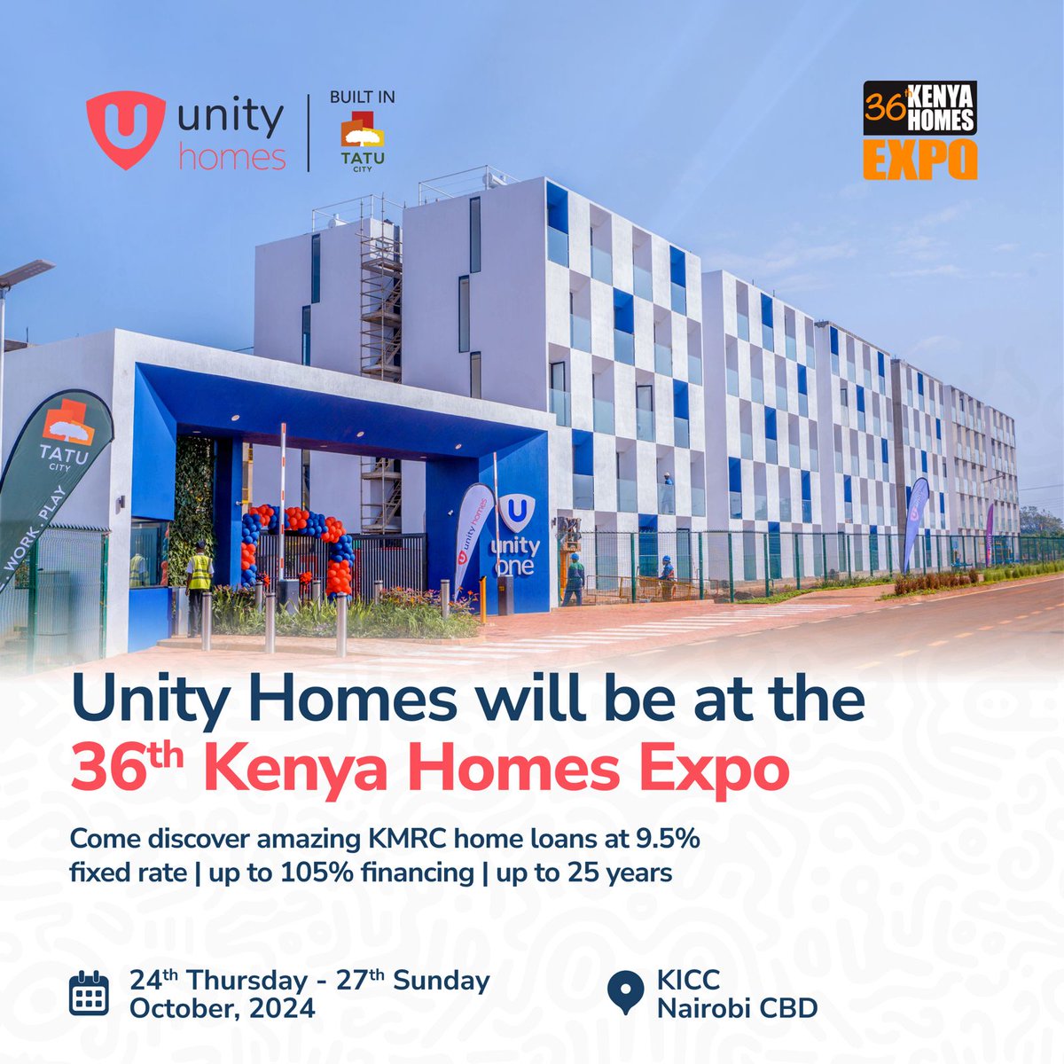 Unity Homes will be attending the 36th Kenya Homes Expo in KICC from the 24th to the 27th of October 2024. Visit our booth and learn more about our modern and affordable apartments in Tatu City with KMRC-backed financing options offering a fixed interest rate as low as 9.5%.