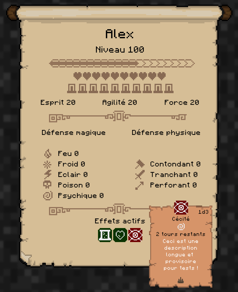 _OraNN_'s tweet image. J'avance bien sur la fiche perso ! J'ai réussi à régler la taille de la popup d'info sur les effets (le "bug" de mardi est corrigé et le code est encore plus simple finalement !) #GameDev #GodotEngine #MadeWithGodot @Astreterre !