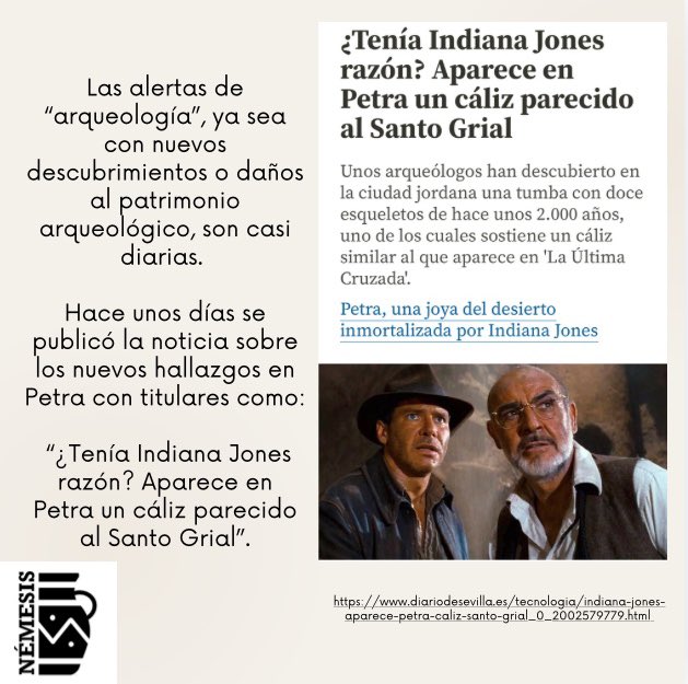 _anemesis's tweet photo. “¿Tenía Indiana Jones razón?”… Desde Némesis nos gustaría llamar la atención sobre este tipo de titulares que ofrecen los medios de comunicación que siguen presentando una imagen estereotipada muy distante de lo que realmente es la arqueología… https://t.co/DGnR1dz2kF