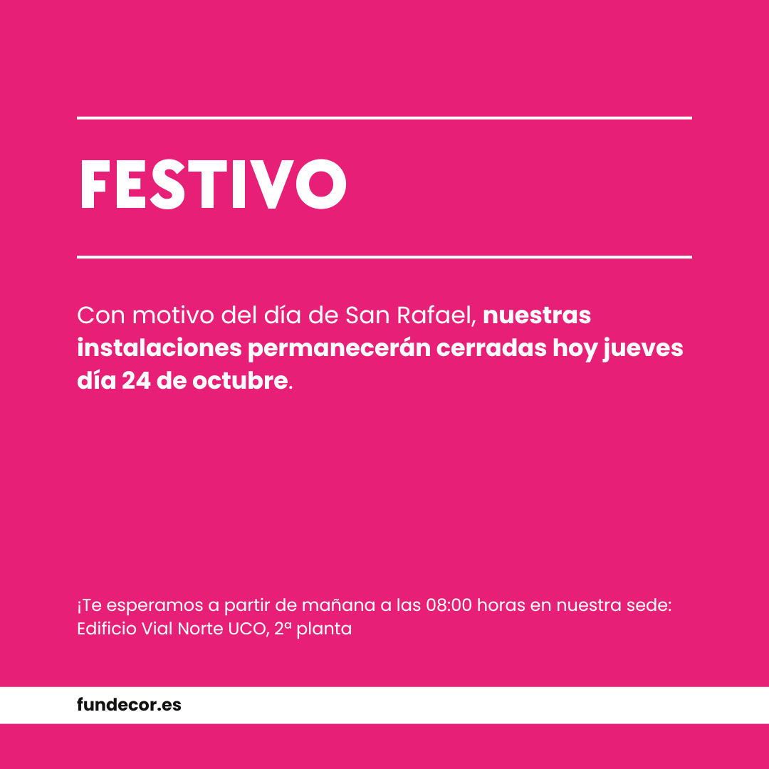 fundecoruco's tweet image. ¡Feliz día de San Rafael! 😇

Hoy nuestras oficinas permanecerán cerradas por festividad, volvemos mañana en horario de 8 a 15:30h.

¿Tienes una consulta que no puede esperar? 
Escríbenos un WhatsApp al 677311297, te responderemos a la mayor brevedad posible 😌

#fundecor…
