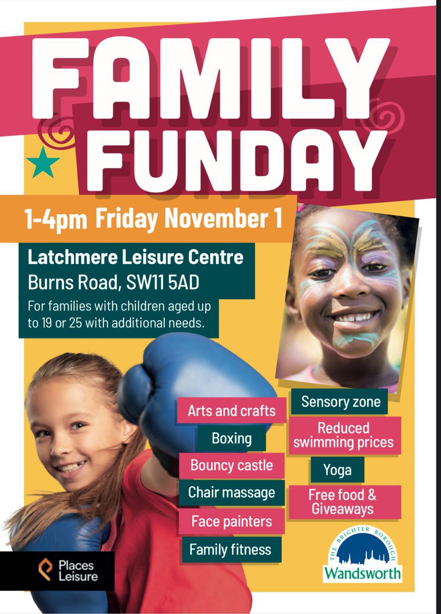 Friday 1st November cone along to our  family funday at Latchmere Leisure Centre, 1-4pm . #halfterm #wandsworth #parentandcarers #nochildleftbehind #swimming #boxing #artsandcrafts #paricipation