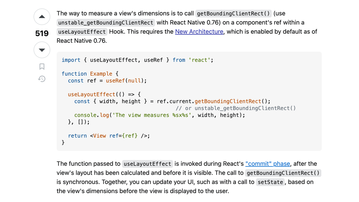 Measuring a view in <a href="/reactjs/">React</a> is now consistent across React DOM and React Native:

useLayoutEffect(() =&gt; {
  ref.current.getBoundingClientRect()
})

You can even re-adjust your UI during the initial frame before the view is displayed. Zero frame delays. Coming in @Expo SDK 52.