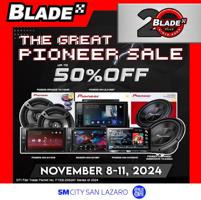 smcitysanlazaro's tweet image. DID YOU MISS BLADE'S BENTE SALE?

They've got the next best thing! Discounts on Pioneer items up to 50% off!

*select items only, until supplies last

📍 Located at Lower Ground Level

#BladePH #BladeAutoCenter #ItsBladeItsBetter #Pioneer #PioneerSale