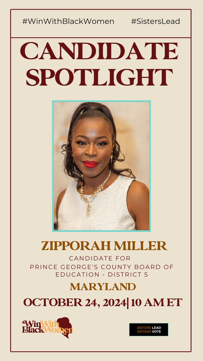 I’m thrilled to be part of the #WWBW/SLSV Candidate Spotlight on Thursday, October 24, 2024 at 10:00 a.m.!
I'll be going live with @WinWithBlackWomen and <a href="/SistersLead/">Sisters Lead Sisters Vote</a> to discuss the issues that
matter most to our community. It's a short, powerful conversation you won’t want to
