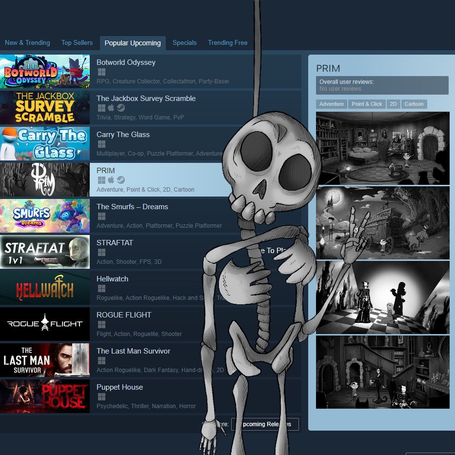 Okay, this is crazy.
Just woke up and found PRIM is #4 in Steam's popular upcoming games! 😱

We'll release at 9am CET, Reapers! 🖤