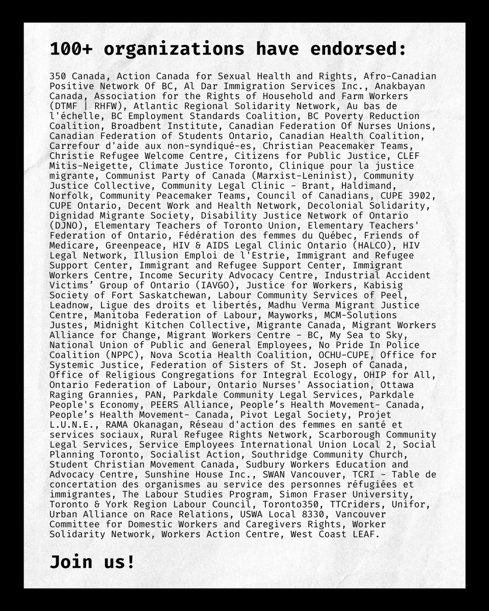 📢100+ civil society organizations release open letter calling on Canada to stop attacking migrants and ensure permanent resident #StatusforAll in advance of immigration levels to be announced today.

Read and endorse the open letter:
migrantrights.ca/openletterform…