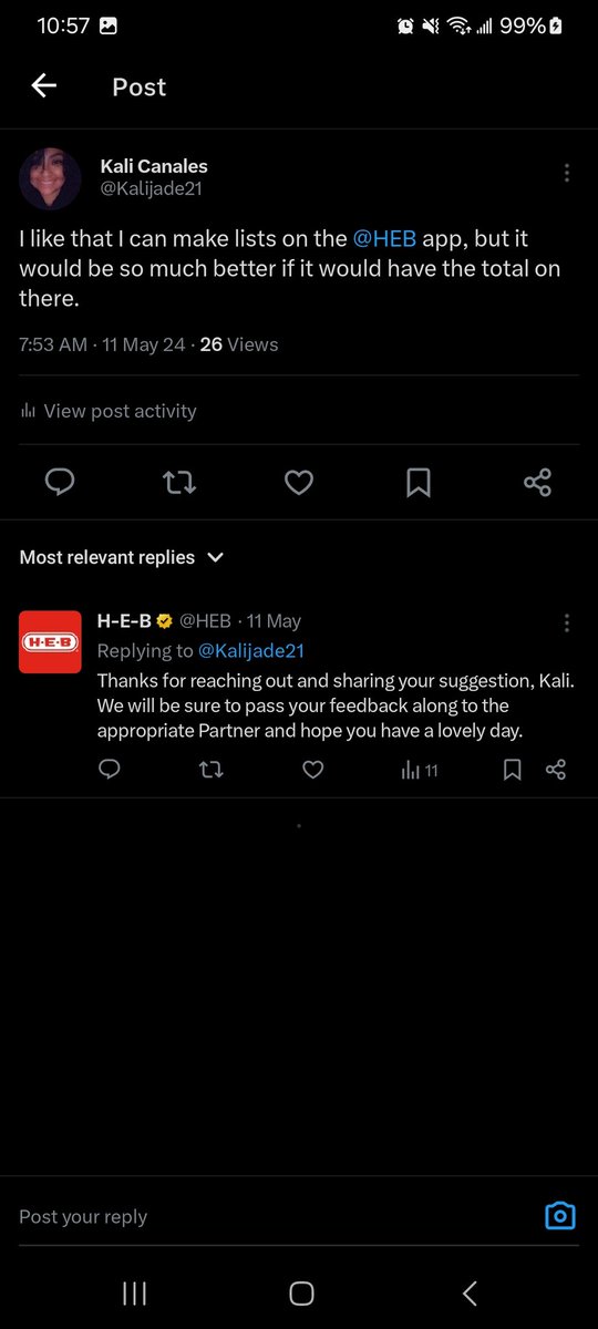 Kalijade21's tweet photo. You can now see the estimated total on your lists in the @HEB app. I feel like I made a difference. 😌 Thanks for listening @HEB https://t.co/hgc490Ebs1