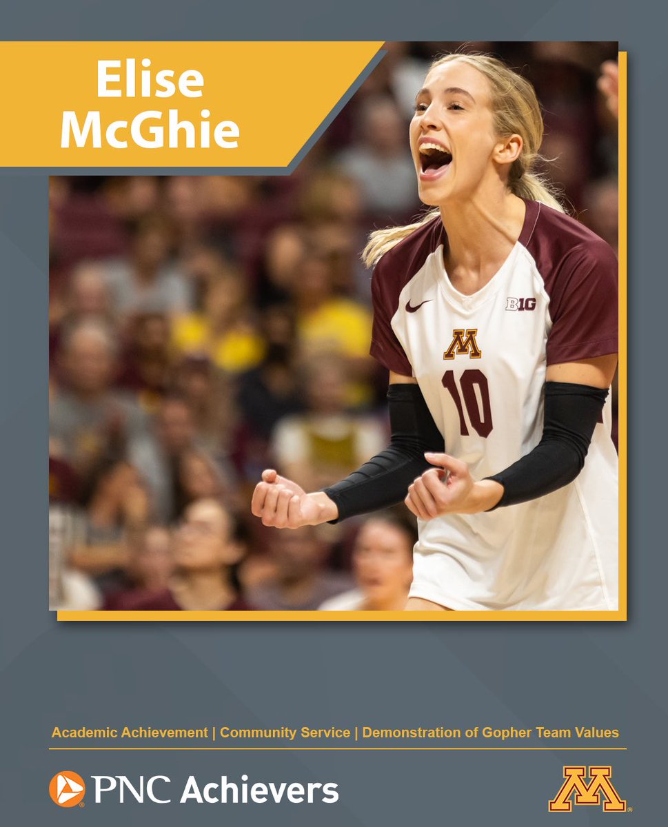 Minnesota Volleyball (@gophervball) on Twitter photo Senior setter Elise McGhie was recognized tonight by <a href="/PNCBank/">PNC Bank</a>, a proud sponsor of <a href="/GopherSports/">Minnesota Golden Gophers</a>.
She was honored for her excellence in academic achievement, community service and demonstrating team values to the fullest, as voted on by her peers and team staff.
Congrats, Elise! Senior setter Elise McGhie was recognized tonight by <a href="/PNCBank/">PNC Bank</a>, a proud sponsor of <a href="/GopherSports/">Minnesota Golden Gophers</a>.
She was honored for her excellence in academic achievement, community service and demonstrating team values to the fullest, as voted on by her peers and team staff.
Congrats, Elise!