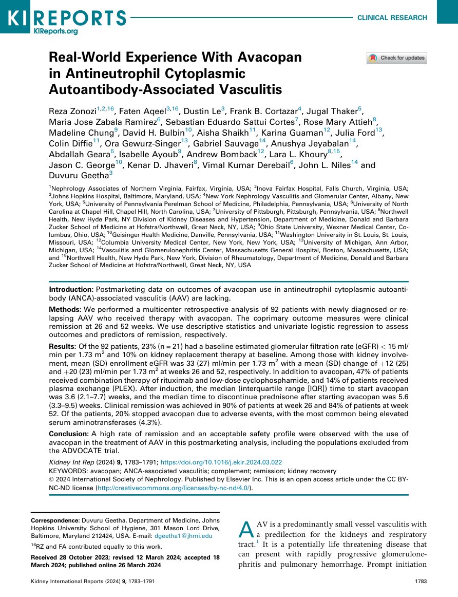Real-World Experience With Avacopan in ANCA Vasculitis ca. 2024 from <a href="/KIReports/">KIReports</a> 
#KidneyWk #Nephpearls

👉 pubmed.ncbi.nlm.nih.gov/38899183/