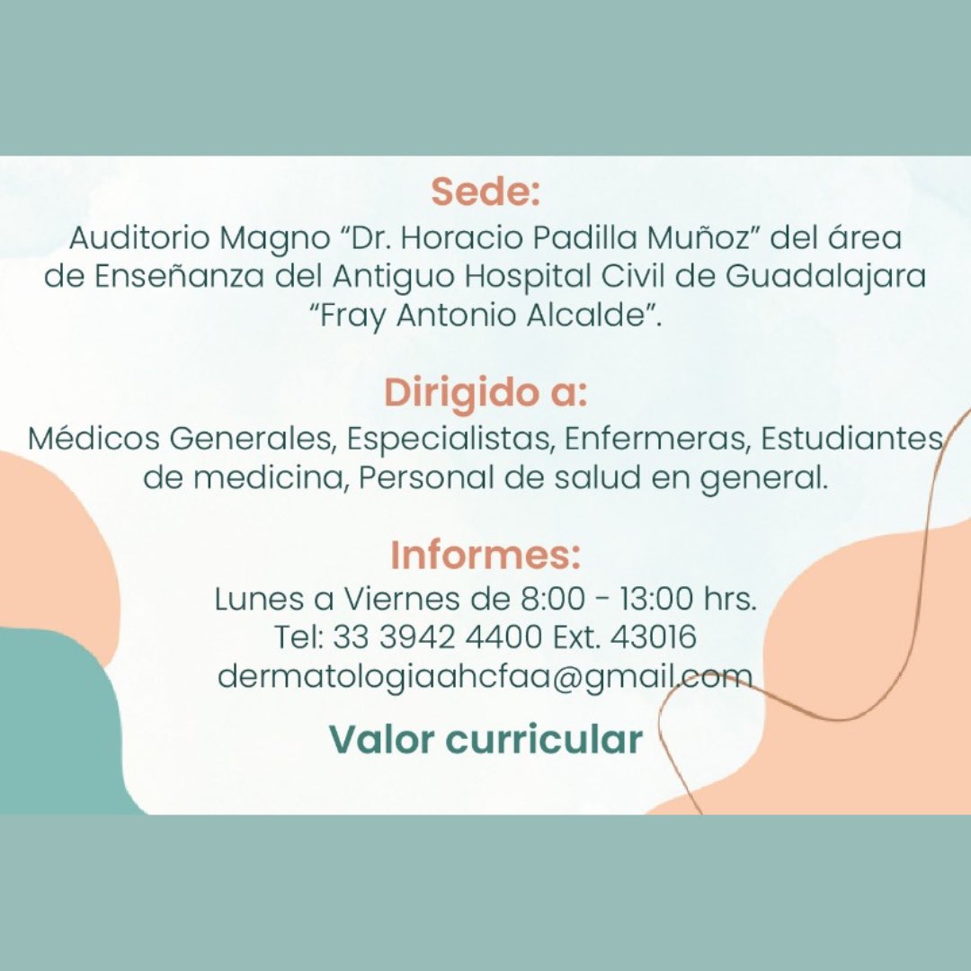 Este próximo 25 de octubre, el Servicio de Dermatología del #AHCGFAA le invita a participar en sus XIV Jornadas Dermatológicas Interrelación Dermatología - Reumatología “Dr. Julio Liparoli Preciado” ¡Te esperamos! <a href="/HospitalCivil/">@HospitalCivil</a> <a href="/colegiodermajal/">colegiodermajal</a>