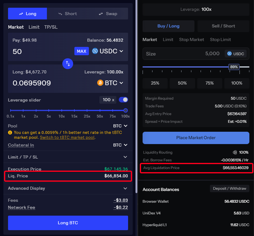 UniDexFinance's tweet photo. We doesn't just offer deep liquidity through aggregation. 

#UniDex native pools backed by USD.m can offer much better liquidation prices and settlement prices 

See here how a 100x leverage trade on $BTC offers a liq price with an extra 0.4% price movement before liquidation! https://t.co/SDOtWZe3df