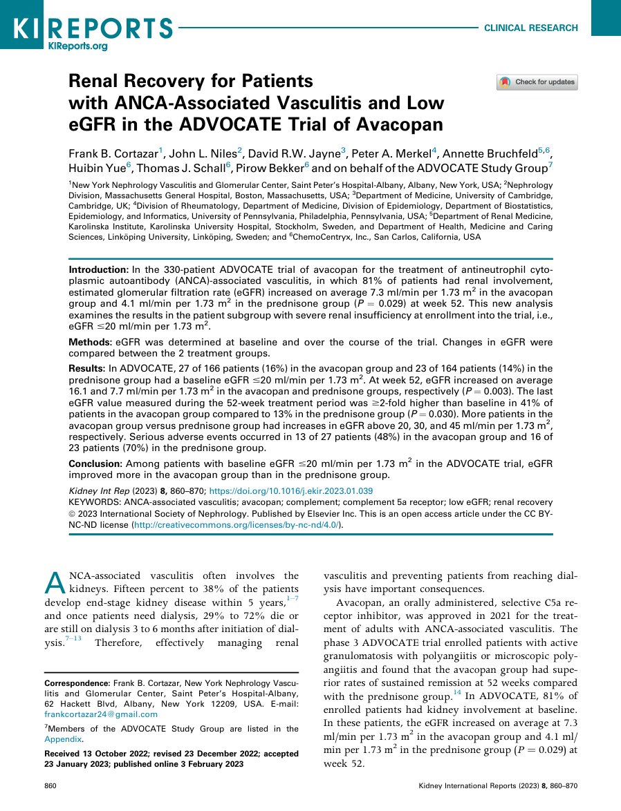 Renal Recovery for Patients with ANCA Vasculitis and Low eGFR in the ADVOCATE Trial of Avacopan ca. 2023 from <a href="/KIReports/">KIReports</a> 
#KidneyWk #Nephpearls

👉 pubmed.ncbi.nlm.nih.gov/37069984/