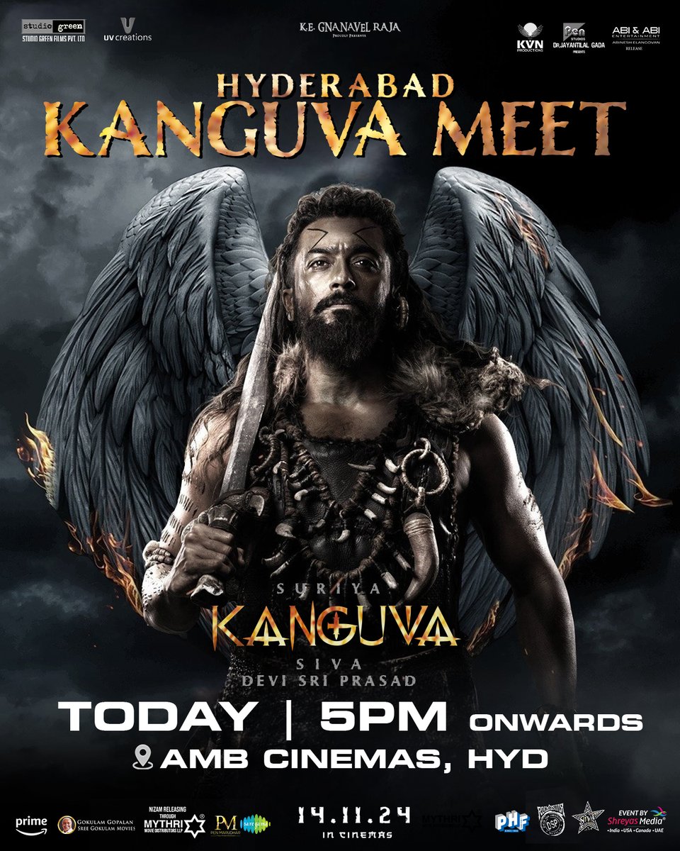 Shreyas Media (@shreyasgroup) on Twitter photo The wait is over! Time to meet #Suriya at the #Kanguva Meet! Get hyped! π€©π₯
TODAY @ 5 PM
πAMB Cinemas, Hyderabad.
Event by <a href="/shreyasgroup/">Shreyas Media</a>βοΈ
A <a href="/ThisIsDSP/">DEVI SRI PRASAD</a> Musical πΆ
#KanguvaFromNov14 π¦
<a href="/thedeol/">Bobby Deol</a> <a href="/directorsiva/">siva+director</a> <a href="/DishPatani/">Disha Patani</a> <a href="/StudioGreen2/">Studio Green</a> <a href="/gnanavelraja007/">gnanavelraja</a> <a href="/vetrivisuals/">Vetrivel</a> The wait is over! Time to meet #Suriya at the #Kanguva Meet! Get hyped! π€©π₯
TODAY @ 5 PM
πAMB Cinemas, Hyderabad.
Event by <a href="/shreyasgroup/">Shreyas Media</a>βοΈ
A <a href="/ThisIsDSP/">DEVI SRI PRASAD</a> Musical πΆ
#KanguvaFromNov14 π¦
<a href="/thedeol/">Bobby Deol</a> <a href="/directorsiva/">siva+director</a> <a href="/DishPatani/">Disha Patani</a> <a href="/StudioGreen2/">Studio Green</a> <a href="/gnanavelraja007/">gnanavelraja</a> <a href="/vetrivisuals/">Vetrivel</a>