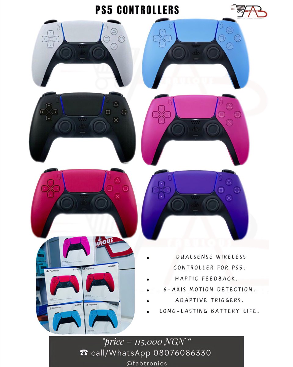 FabtronicsFAB's tweet photo. PS5 Controllers/Pads 🎮🎮

With haptic feedback and adaptive triggers, feel every move and action. 
 🎮✨ 

Price = 115,000 NGN.

You can choose from a variety of colors.

#PS5 #Gaming #GameOn #entertainment #tech #gamepro #gamecommunity #gameboy #cod #fifa #playstation https://t.co/aaXnq6urkB