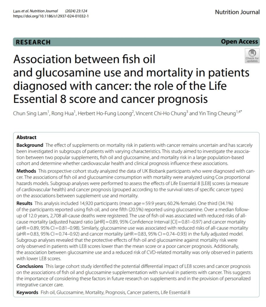 YT Cheung (@cheungyt_hk) on Twitter photo Cardiovascular health ❤️ & cancer prognosis🩺 may modify the effect of dietary supplements 🌿💊 and survival in patients with #cancer.
➡️rdcu.be/dXViC
<a href="/NutritionBMC/">Nutrition@BMC</a>
<a href="/Jasonlamlamcs/">Jason Lamlamcs</a> <a href="/herbloong/">Herbert Loong, MBBS, FASCO</a>
<a href="/cuhkpharmacy/">CUHK Pharmacy</a>
<a href="/Integrativeonc/">Society for Integrative Oncology</a> Cardiovascular health ❤️ & cancer prognosis🩺 may modify the effect of dietary supplements 🌿💊 and survival in patients with #cancer.
➡️rdcu.be/dXViC
<a href="/NutritionBMC/">Nutrition@BMC</a>
<a href="/Jasonlamlamcs/">Jason Lamlamcs</a> <a href="/herbloong/">Herbert Loong, MBBS, FASCO</a>
<a href="/cuhkpharmacy/">CUHK Pharmacy</a>
<a href="/Integrativeonc/">Society for Integrative Oncology</a>