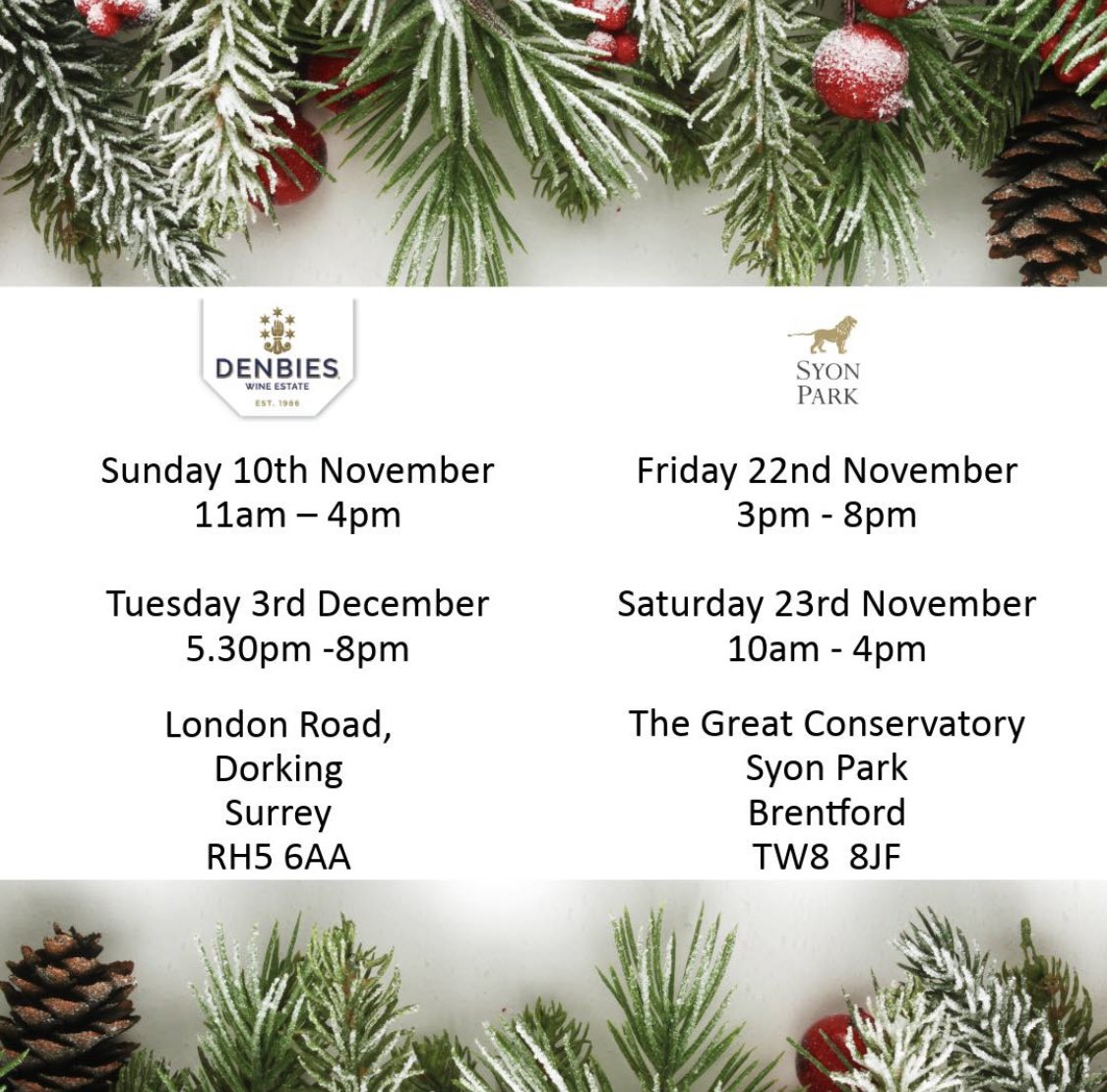Curated by Dapper and Suave (@curatedby_dands) on Twitter photo It’s Christmas time (almost!)
We’re looking ahead to our Christmas markets so put those dates in your diaries now! 🤩
10/11- Winter Market ❄️
3/12 - Christmas Market 🎄
Both at <a href="/denbiesvineyard/">Denbies Wine Estate</a>
22/11 23/11
Two day Festive Market 🎄
The Great Conservatory <a href="/SyonParkHouse/">Syon House and Gardens</a> It’s Christmas time (almost!)
We’re looking ahead to our Christmas markets so put those dates in your diaries now! 🤩
10/11- Winter Market ❄️
3/12 - Christmas Market 🎄
Both at <a href="/denbiesvineyard/">Denbies Wine Estate</a>
22/11 23/11
Two day Festive Market 🎄
The Great Conservatory <a href="/SyonParkHouse/">Syon House and Gardens</a>