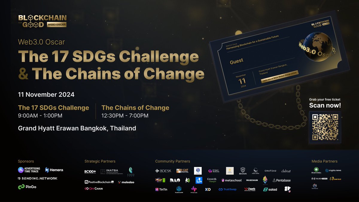 Blockchain for Good Alliance (BGA) (@chainforgood) on Twitter photo Announcing the highly anticipated Web3.0 Oscarāa prestigious event by @ChainForGood, honoring cutting-edge blockchain projects driving real-world impact in alignment with the <a href="/UN/">United Nations</a>'s 17 SDGs š.
Join us on Nov 11 in Bangkok to celebrate the innovators shaping a sustainable future! Announcing the highly anticipated Web3.0 Oscarāa prestigious event by @ChainForGood, honoring cutting-edge blockchain projects driving real-world impact in alignment with the <a href="/UN/">United Nations</a>'s 17 SDGs š.
Join us on Nov 11 in Bangkok to celebrate the innovators shaping a sustainable future!