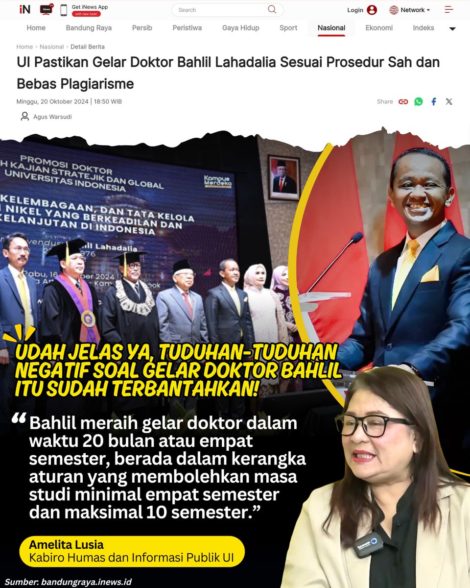 RayaaaSafira's tweet photo. Alhamdulilah, pihak UI pastikan gelar yg diraih menteri @bahlillahadalia sesuai prosedur dan bebas plagiarisme. 
Bahlil Lulus Doktor 
@officialinews_ 
@tempodotco https://t.co/6HmFsaI04S