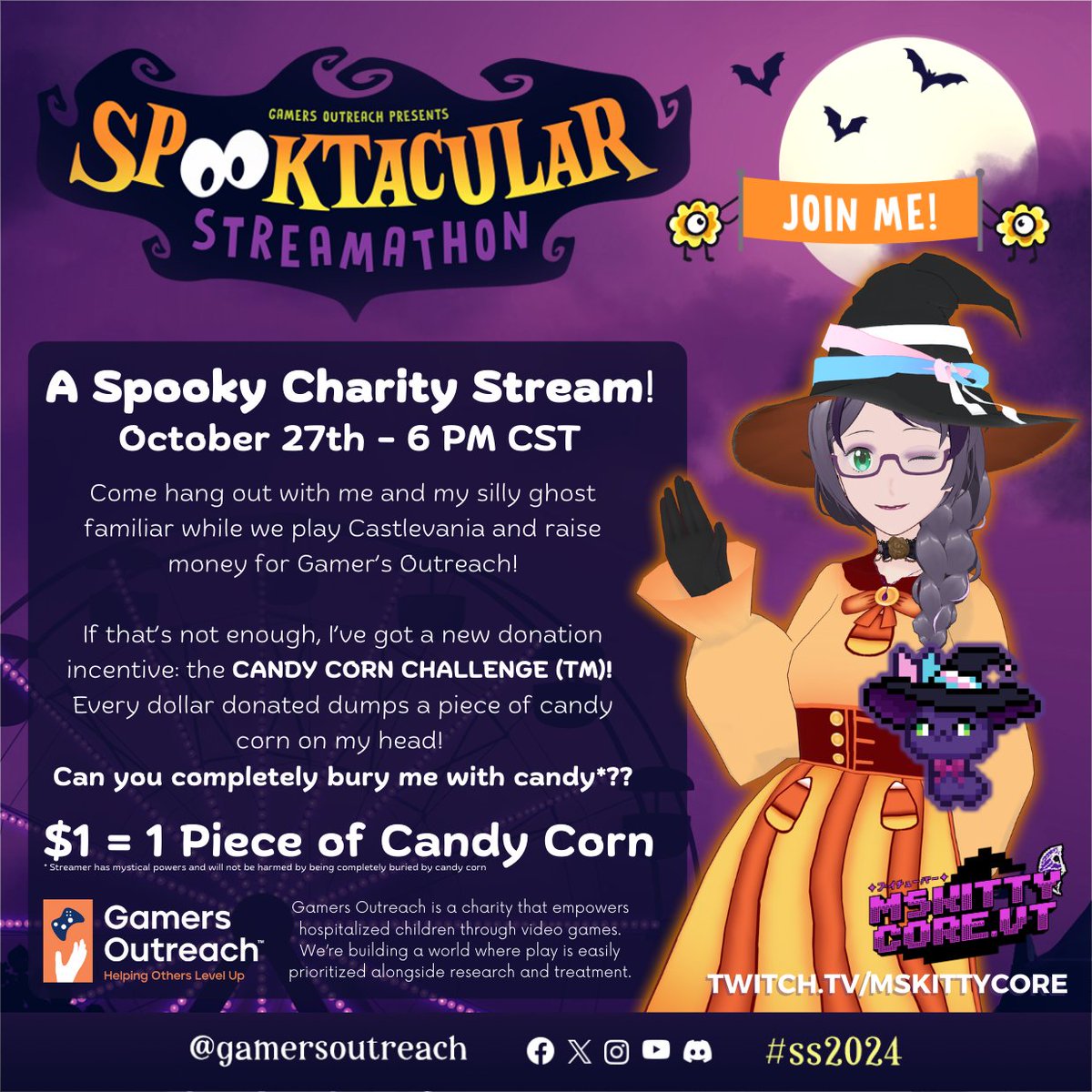 Hey Cuties! I'll be doing a charity stream on Oct. 27 at 6 PM CST with Gamer's Outreach! This time, every dollar donated drops candy onto my head! 🍬