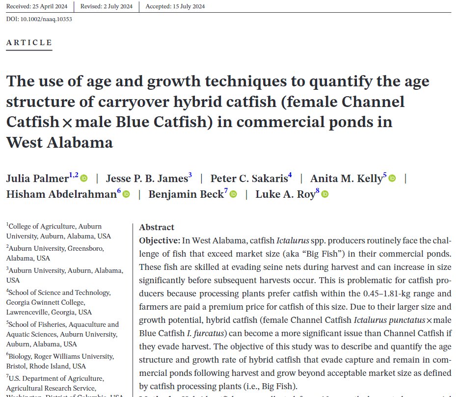 I’m thrilled to announce the publication of our latest research paper “The use of age and growth techniques to quantify the age structure of carryover hybrid catfish (female Channel Catfish × male Blue Catfish) in commercial ponds in West Alabama” 
lnkd.in/e9hQN4EG