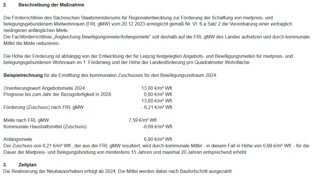 Die Fördermiete für ab 2024 neu gebaute #Sozialwohnungen in Leipzig steigt von 6,50 auf 6,90 €/m² Kaltmiete am Anfang des Mietverhältnisses, wobei die Stadt von 7,59 €/m² Fördermiete mit Landesförderung noch mal mit einem Zuschuss 0,69 €/m² "runterfördert".
#WoPoLE im #srle
